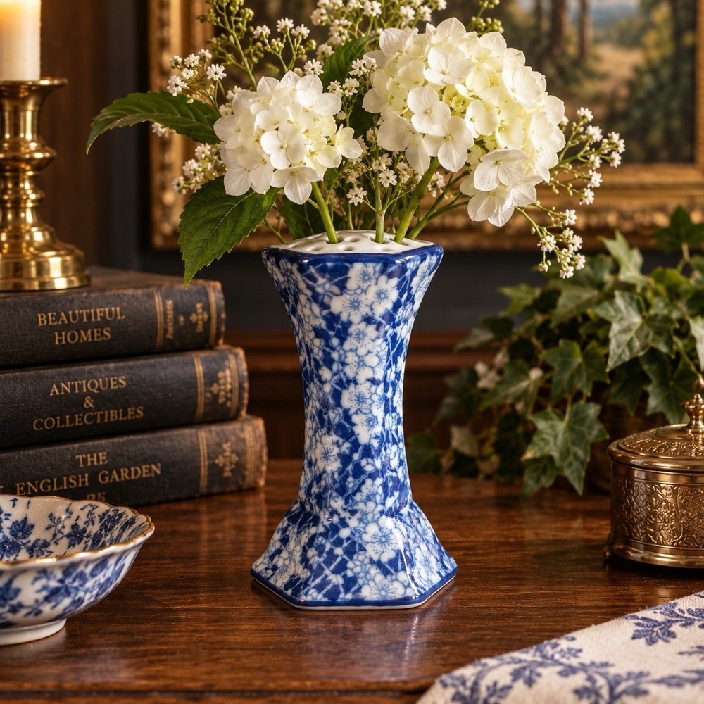 Victoria Ironstone Blue White Floral Flower Frog Vase Chinoiserie 5.5"
